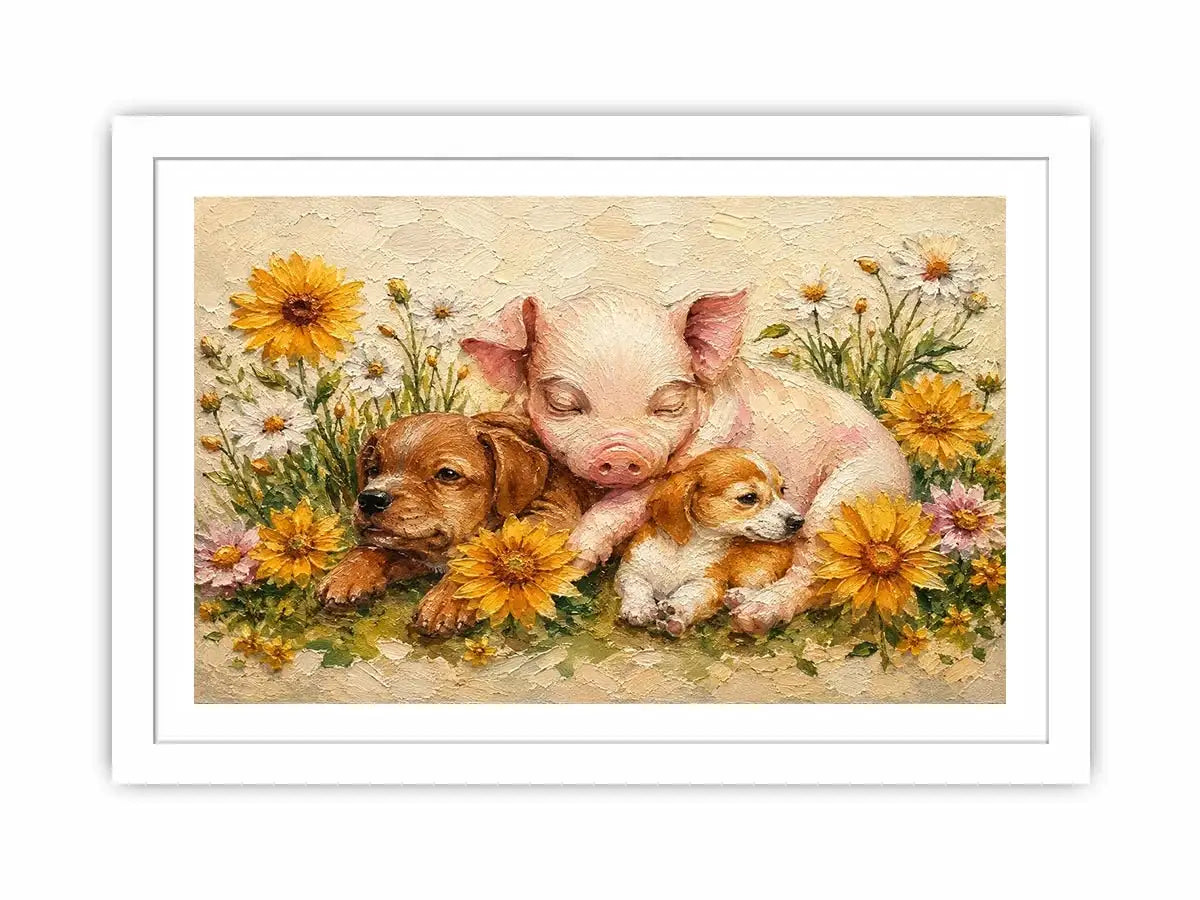 Heartwarming artwork featuring a sleeping piglet and puppies surrounded by blooming wildflowers in textured painterly style