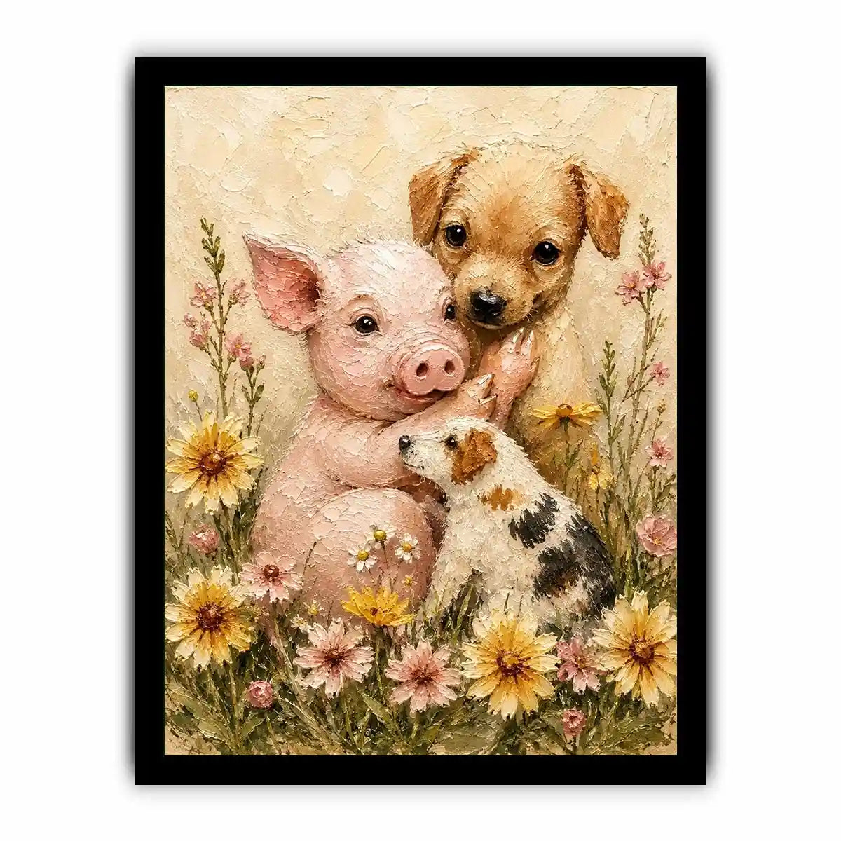 Adorable piglet and puppies surrounded by blooming meadow flowers in textured painterly farmhouse style