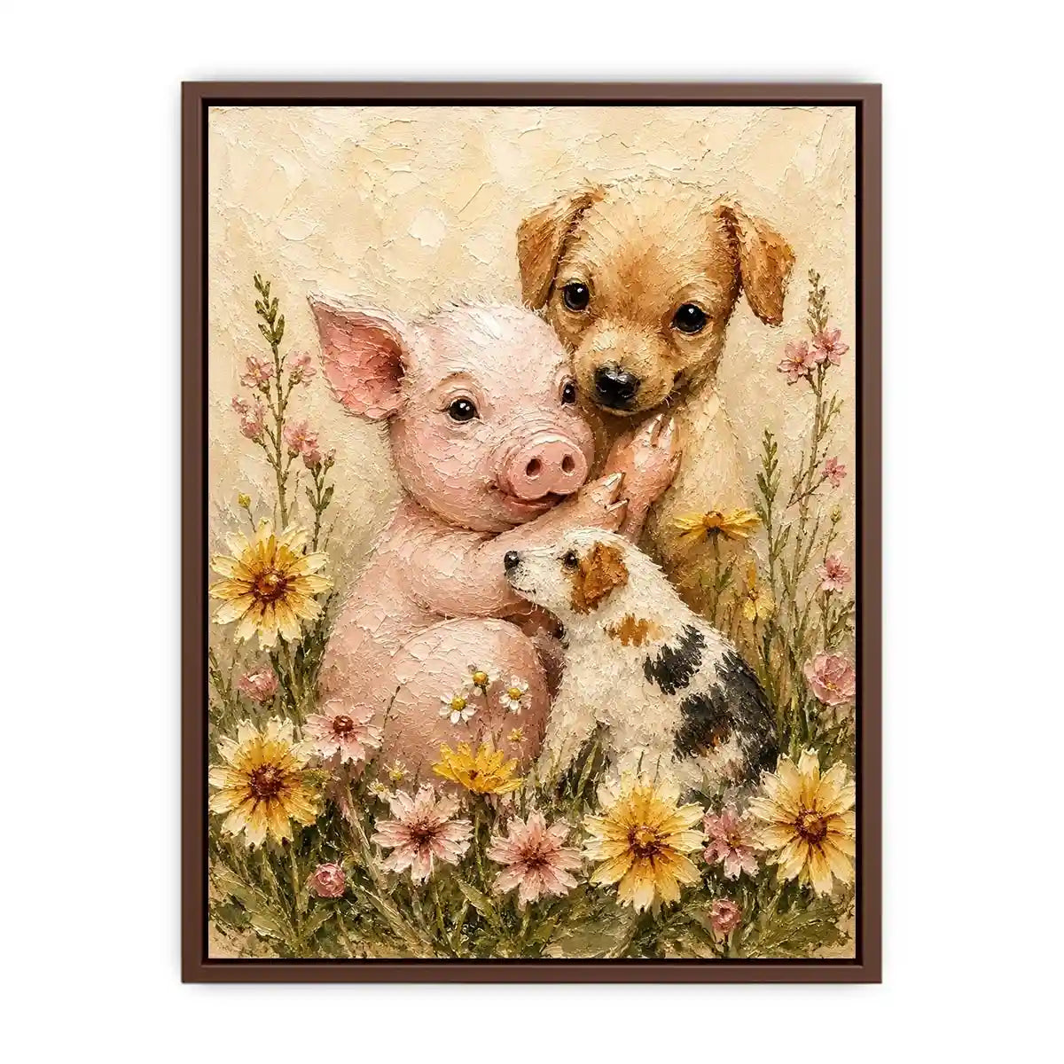 Adorable piglet and puppies surrounded by blooming meadow flowers in textured painterly farmhouse style