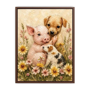 Adorable piglet and puppies surrounded by blooming meadow flowers in textured painterly farmhouse style