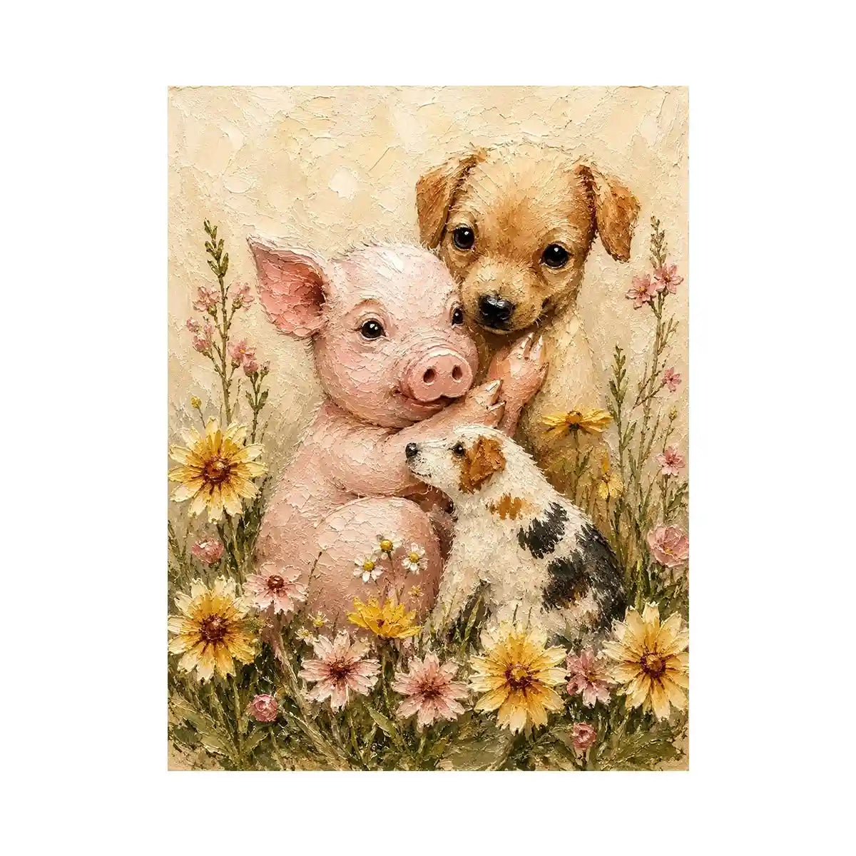 Adorable piglet and puppies surrounded by blooming meadow flowers in textured painterly farmhouse style