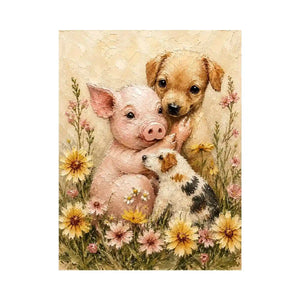 Adorable piglet and puppies surrounded by blooming meadow flowers in textured painterly farmhouse style