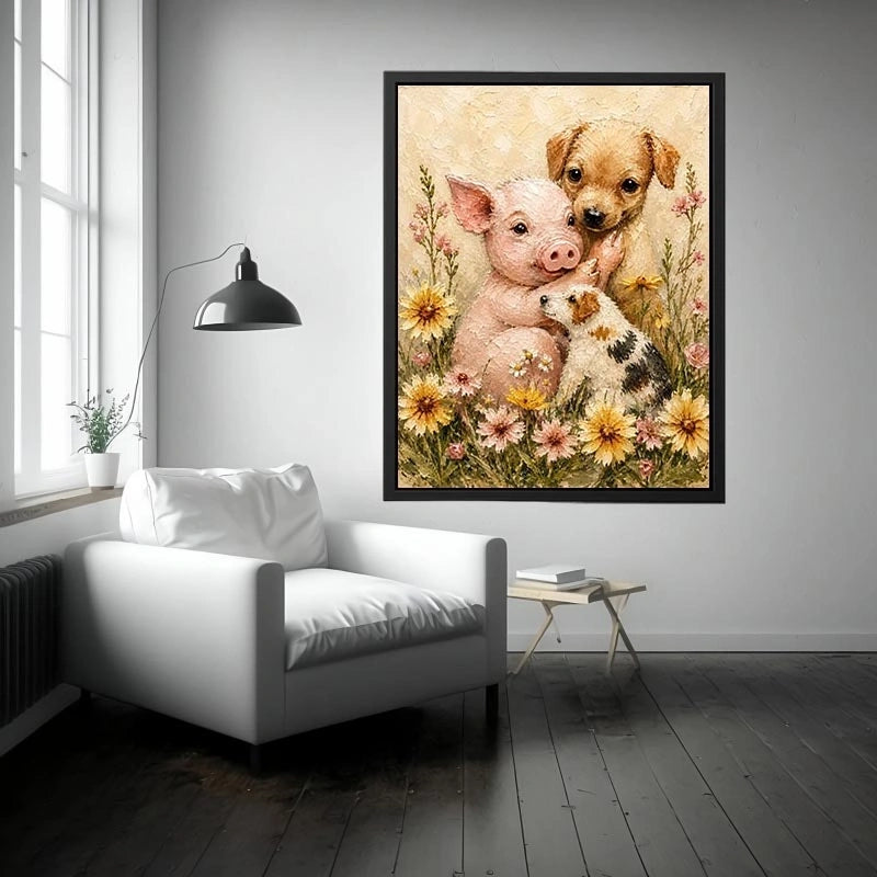 Adorable piglet and puppies surrounded by blooming meadow flowers in textured painterly farmhouse style