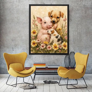 Adorable piglet and puppies surrounded by blooming meadow flowers in textured painterly farmhouse style
