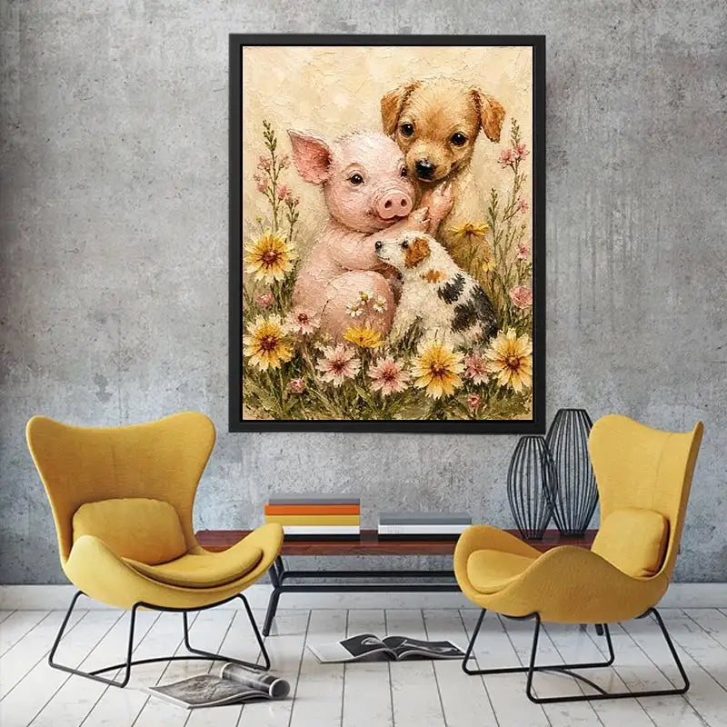 Adorable piglet and puppies surrounded by blooming meadow flowers in textured painterly farmhouse style