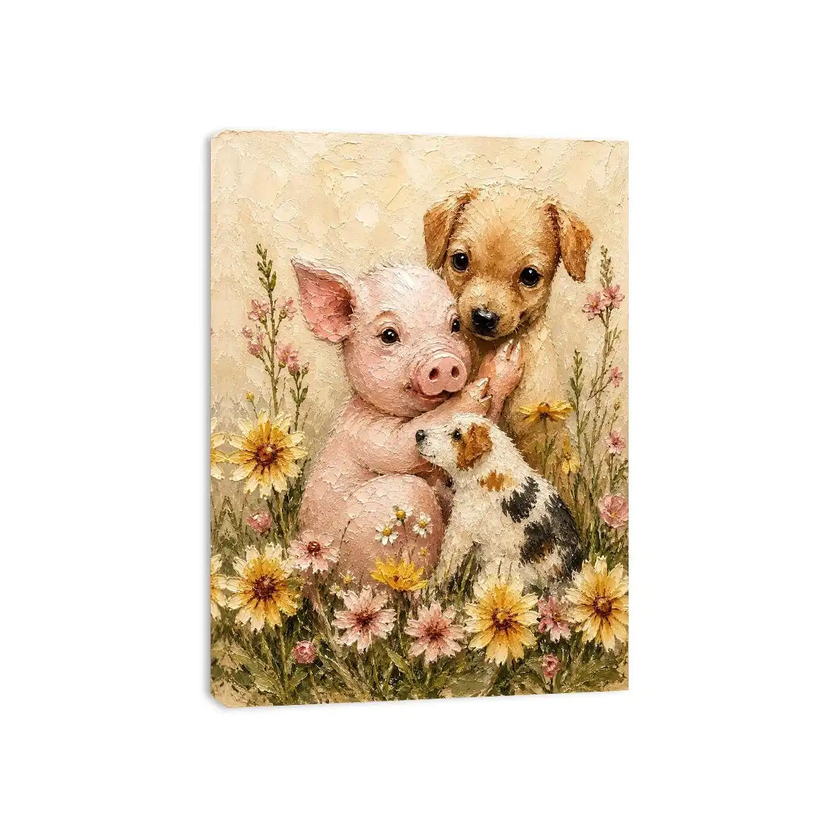 Adorable piglet and puppies surrounded by blooming meadow flowers in textured painterly farmhouse style