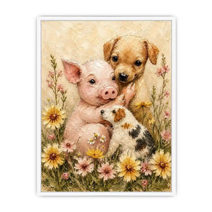Adorable piglet and puppies surrounded by blooming meadow flowers in textured painterly farmhouse style