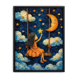 Whimsical artwork of a young girl on a swing reaching toward glowing stars beneath a crescent moon in a dreamy night sky