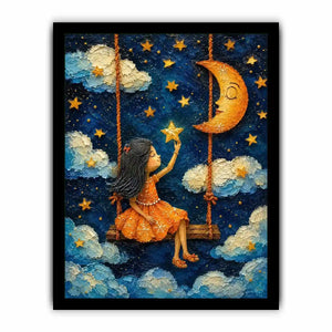 Whimsical artwork of a young girl on a swing reaching toward glowing stars beneath a crescent moon in a dreamy night sky