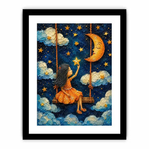 Whimsical artwork of a young girl on a swing reaching toward glowing stars beneath a crescent moon in a dreamy night sky