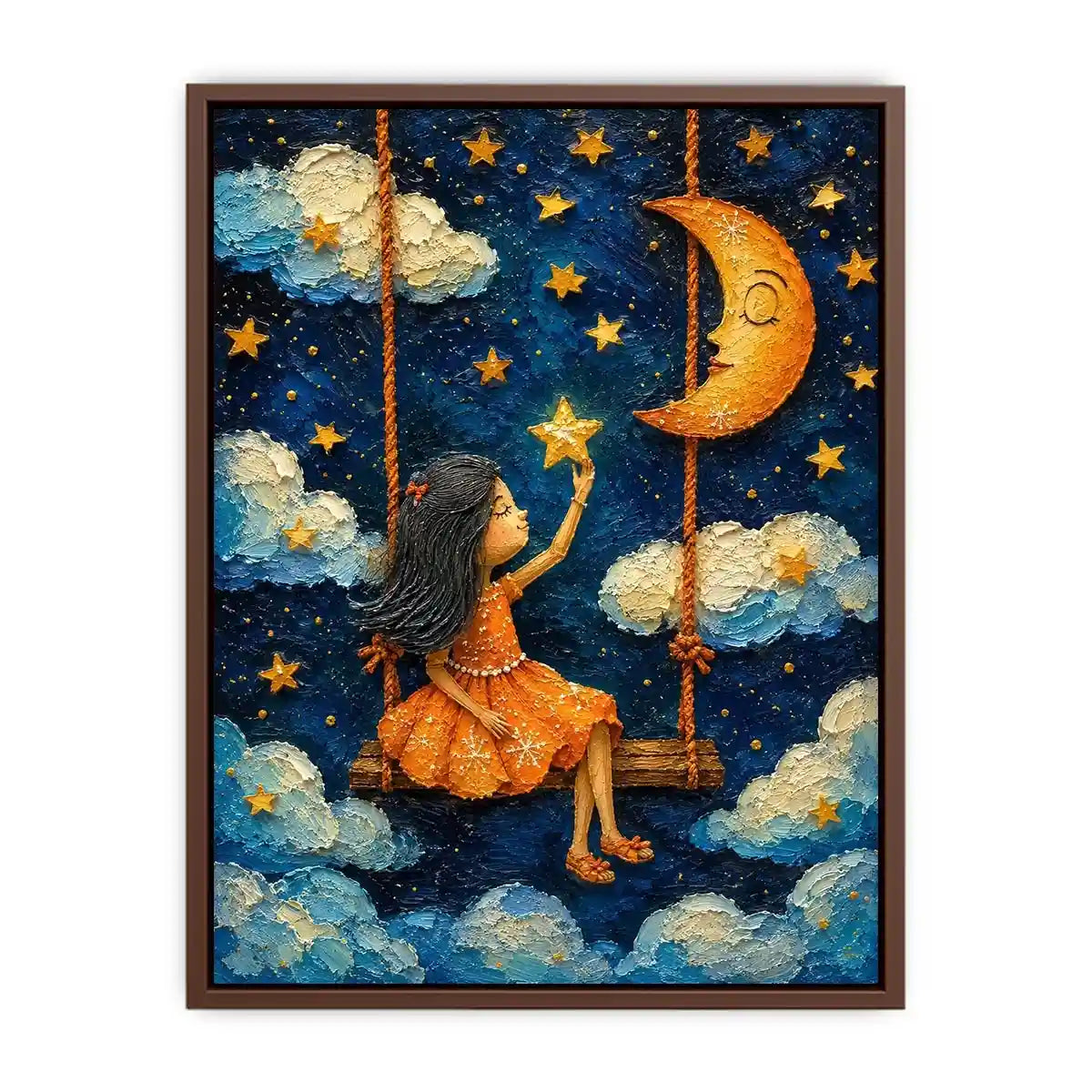 Whimsical artwork of a young girl on a swing reaching toward glowing stars beneath a crescent moon in a dreamy night sky