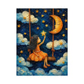 Whimsical artwork of a young girl on a swing reaching toward glowing stars beneath a crescent moon in a dreamy night sky