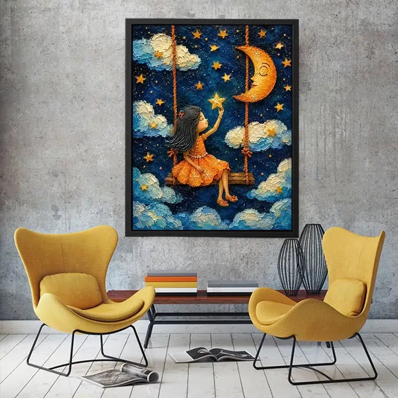 Whimsical artwork of a young girl on a swing reaching toward glowing stars beneath a crescent moon in a dreamy night sky