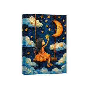 Whimsical artwork of a young girl on a swing reaching toward glowing stars beneath a crescent moon in a dreamy night sky