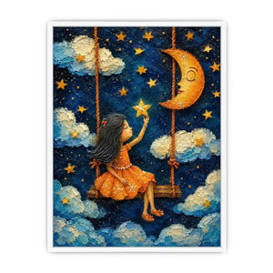 Whimsical artwork of a young girl on a swing reaching toward glowing stars beneath a crescent moon in a dreamy night sky