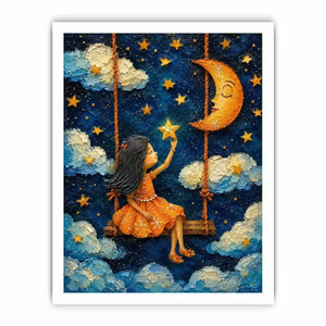 Whimsical artwork of a young girl on a swing reaching toward glowing stars beneath a crescent moon in a dreamy night sky