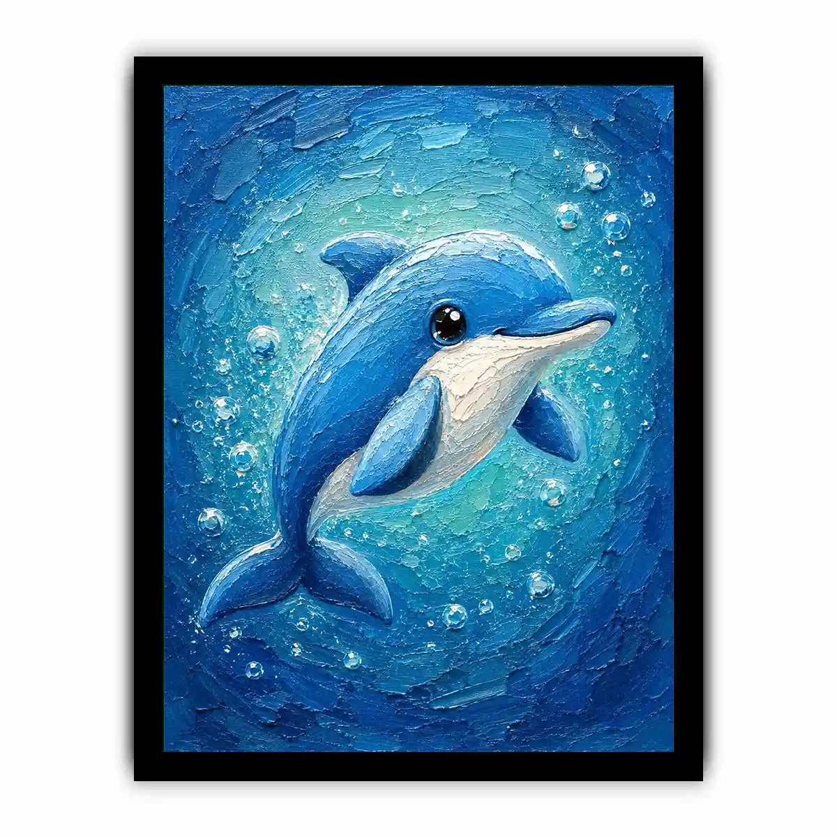 Charming blue dolphin surrounded by bubbles in a textured underwater ocean-inspired painting