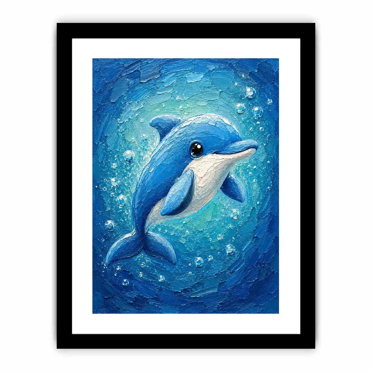 Charming blue dolphin surrounded by bubbles in a textured underwater ocean-inspired painting