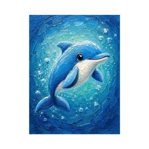 Charming blue dolphin surrounded by bubbles in a textured underwater ocean-inspired painting