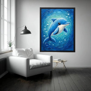 Charming blue dolphin surrounded by bubbles in a textured underwater ocean-inspired painting
