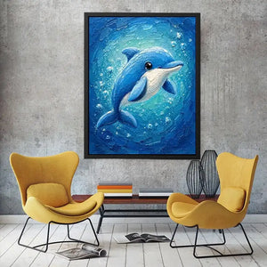 Charming blue dolphin surrounded by bubbles in a textured underwater ocean-inspired painting
