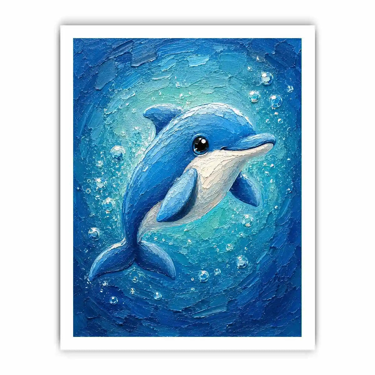 Charming blue dolphin surrounded by bubbles in a textured underwater ocean-inspired painting