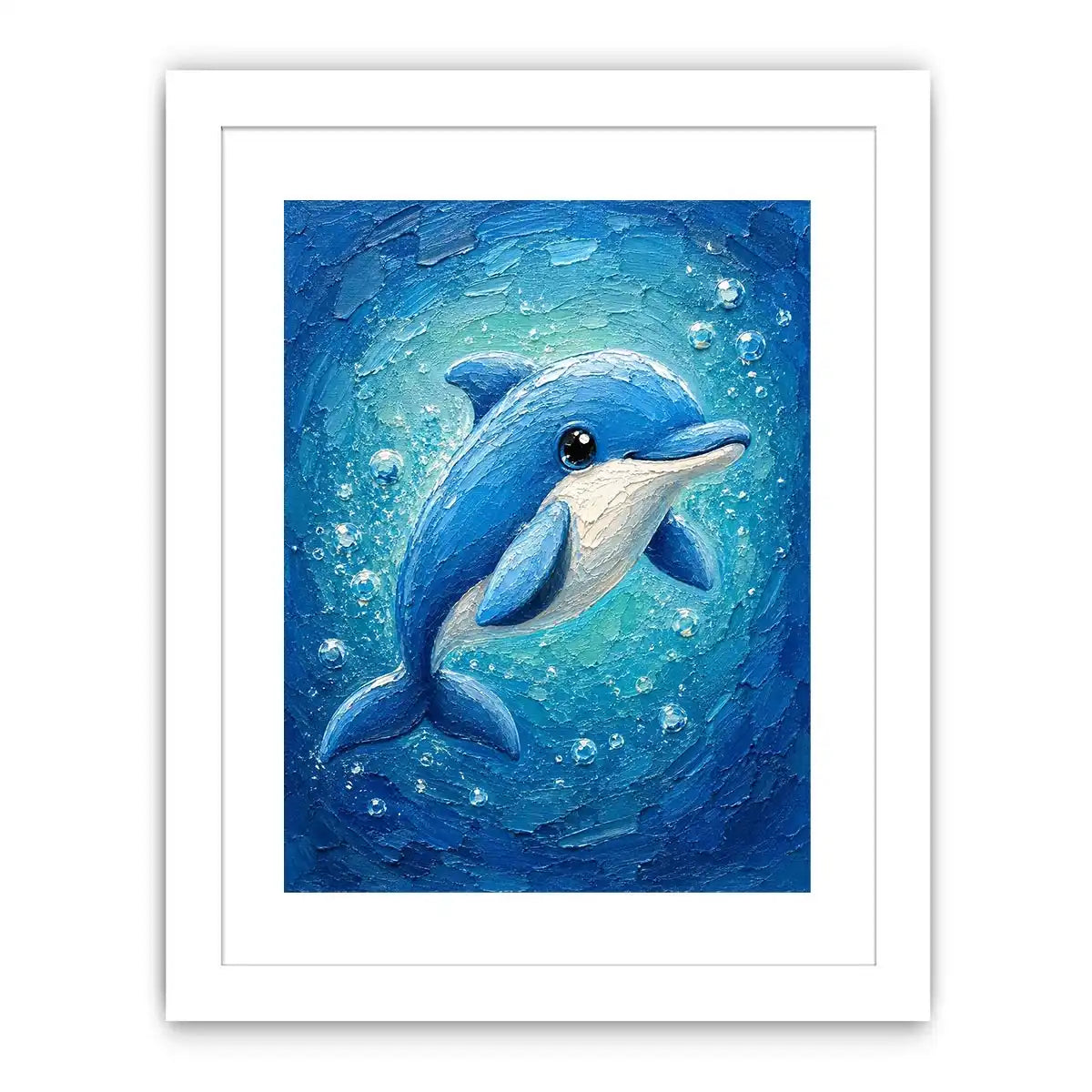 Charming blue dolphin surrounded by bubbles in a textured underwater ocean-inspired painting