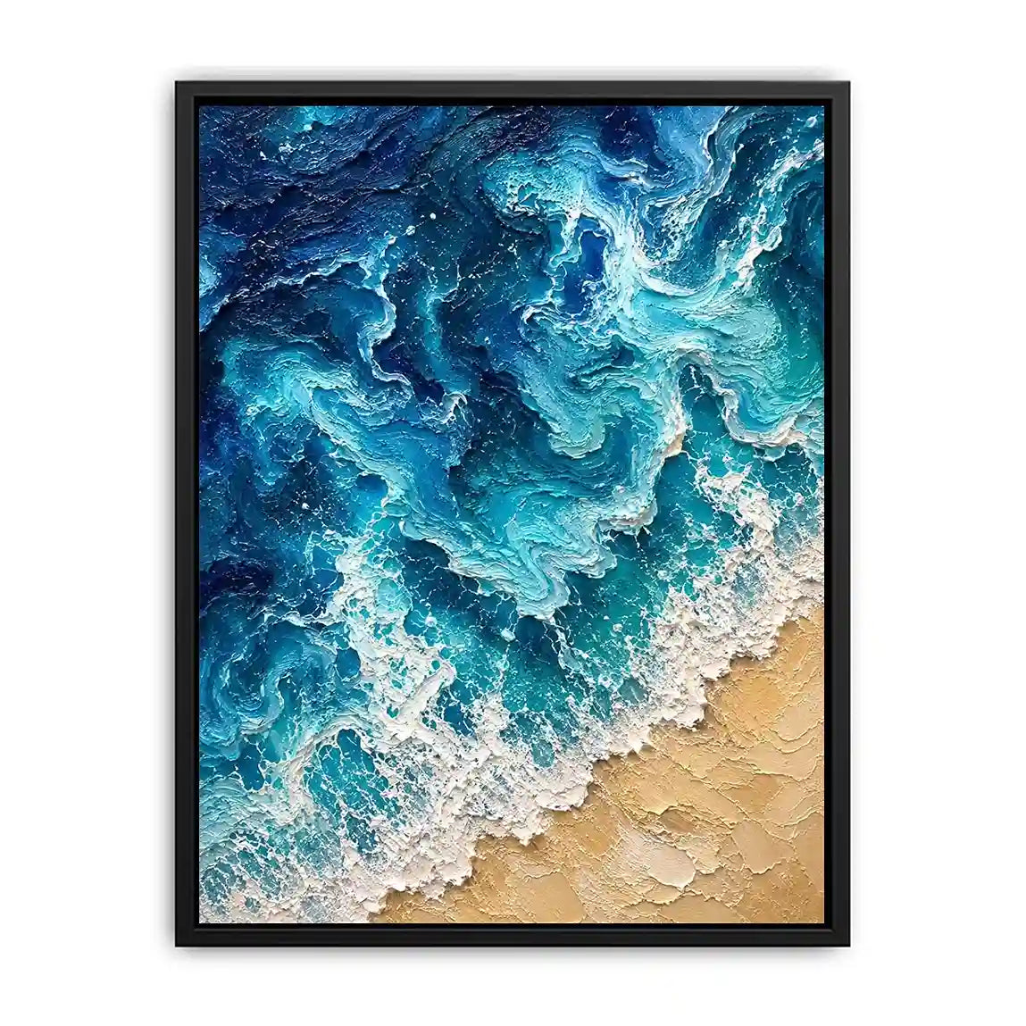 Textured abstract ocean waves crashing onto a sandy shoreline in rich turquoise and deep blue tones