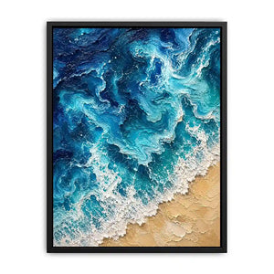 Textured abstract ocean waves crashing onto a sandy shoreline in rich turquoise and deep blue tones