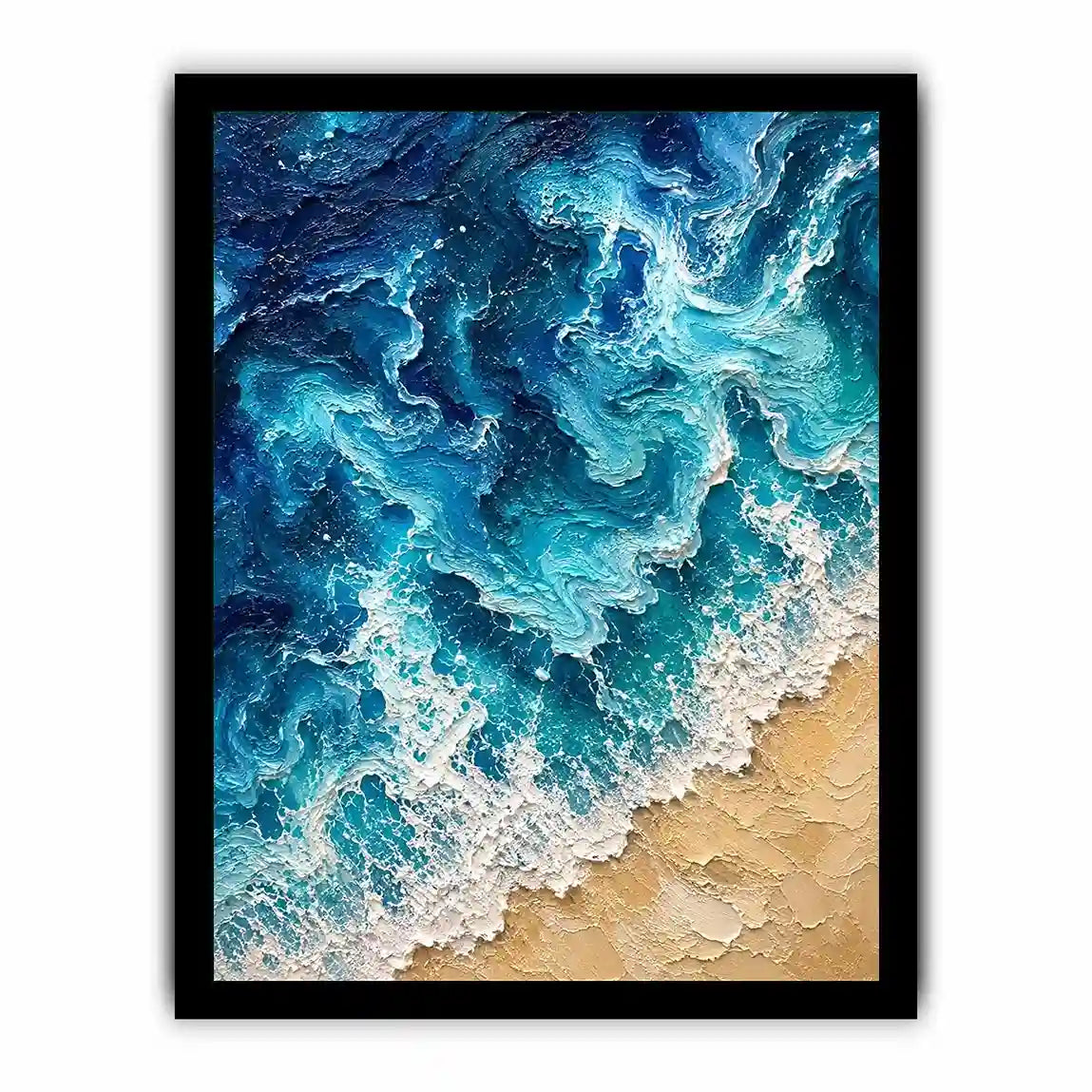 Textured abstract ocean waves crashing onto a sandy shoreline in rich turquoise and deep blue tones