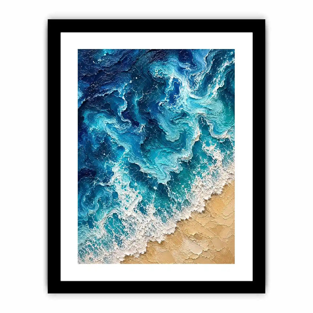 Textured abstract ocean waves crashing onto a sandy shoreline in rich turquoise and deep blue tones
