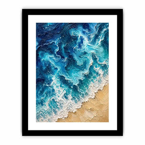 Textured abstract ocean waves crashing onto a sandy shoreline in rich turquoise and deep blue tones