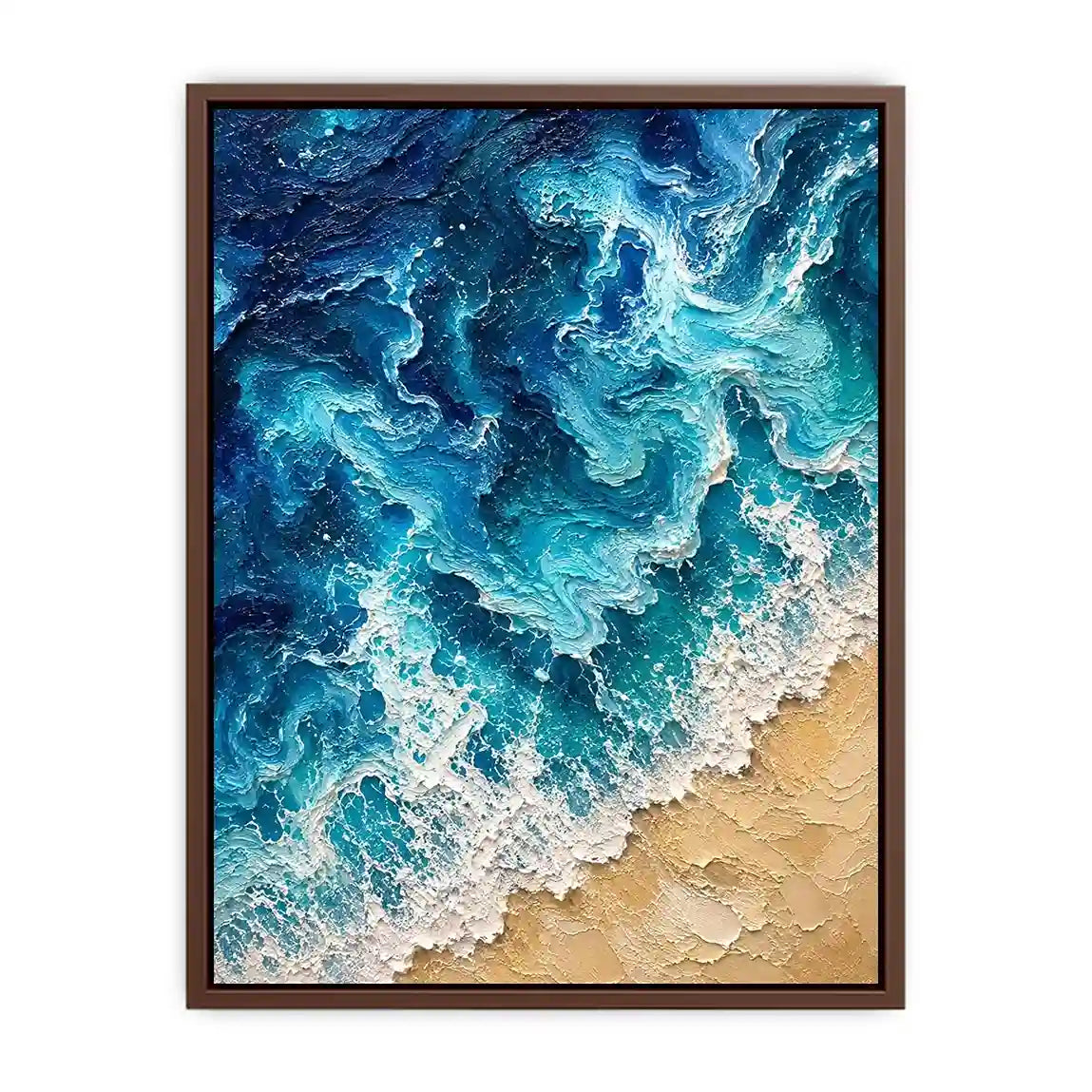 Textured abstract ocean waves crashing onto a sandy shoreline in rich turquoise and deep blue tones