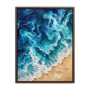 Textured abstract ocean waves crashing onto a sandy shoreline in rich turquoise and deep blue tones