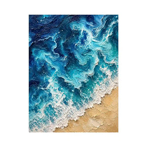 Textured abstract ocean waves crashing onto a sandy shoreline in rich turquoise and deep blue tones