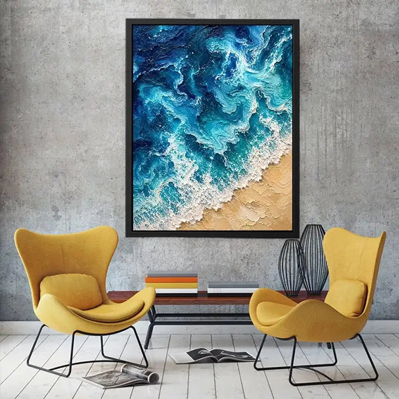 Textured abstract ocean waves crashing onto a sandy shoreline in rich turquoise and deep blue tones