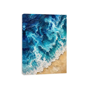 Textured abstract ocean waves crashing onto a sandy shoreline in rich turquoise and deep blue tones