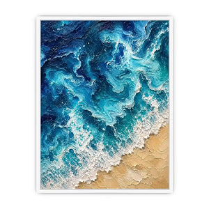 Textured abstract ocean waves crashing onto a sandy shoreline in rich turquoise and deep blue tones