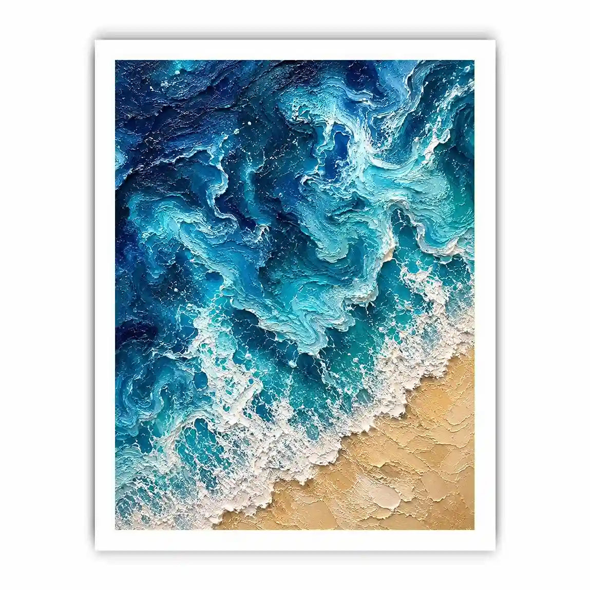 Textured abstract ocean waves crashing onto a sandy shoreline in rich turquoise and deep blue tones