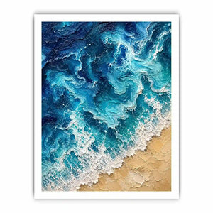 Textured abstract ocean waves crashing onto a sandy shoreline in rich turquoise and deep blue tones