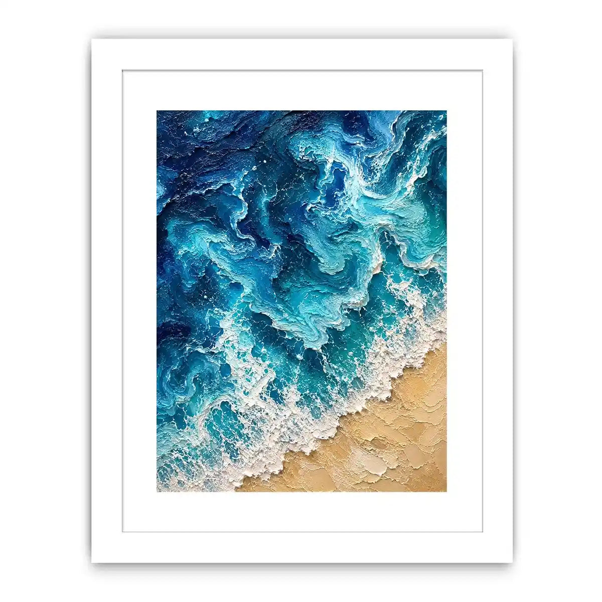 Textured abstract ocean waves crashing onto a sandy shoreline in rich turquoise and deep blue tones