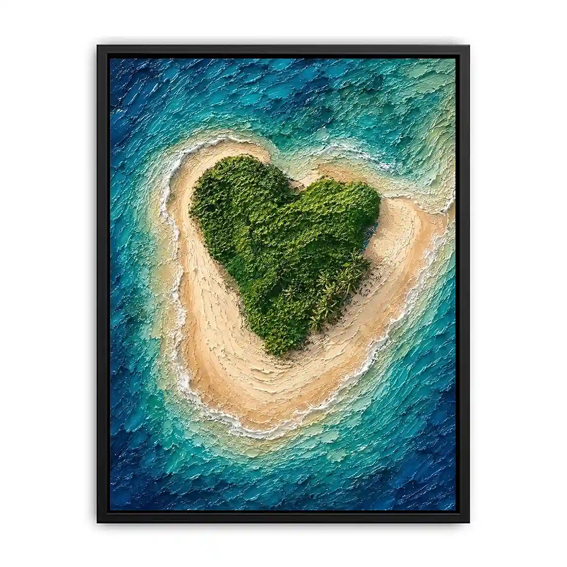 Textured aerial artwork of a lush heart-shaped tropical island surrounded by turquoise ocean waves