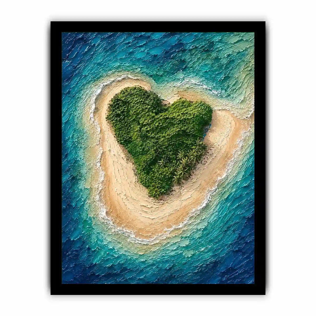 Textured aerial artwork of a lush heart-shaped tropical island surrounded by turquoise ocean waves