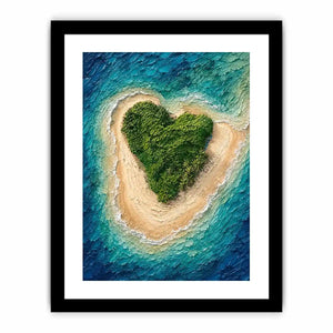 Textured aerial artwork of a lush heart-shaped tropical island surrounded by turquoise ocean waves