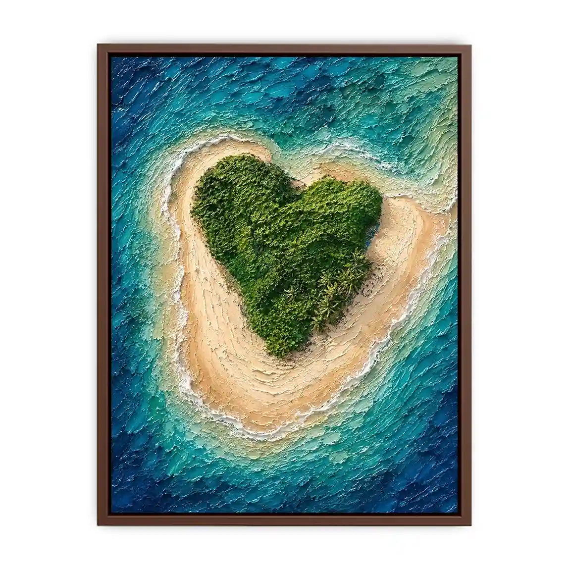 Textured aerial artwork of a lush heart-shaped tropical island surrounded by turquoise ocean waves