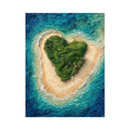 Textured aerial artwork of a lush heart-shaped tropical island surrounded by turquoise ocean waves