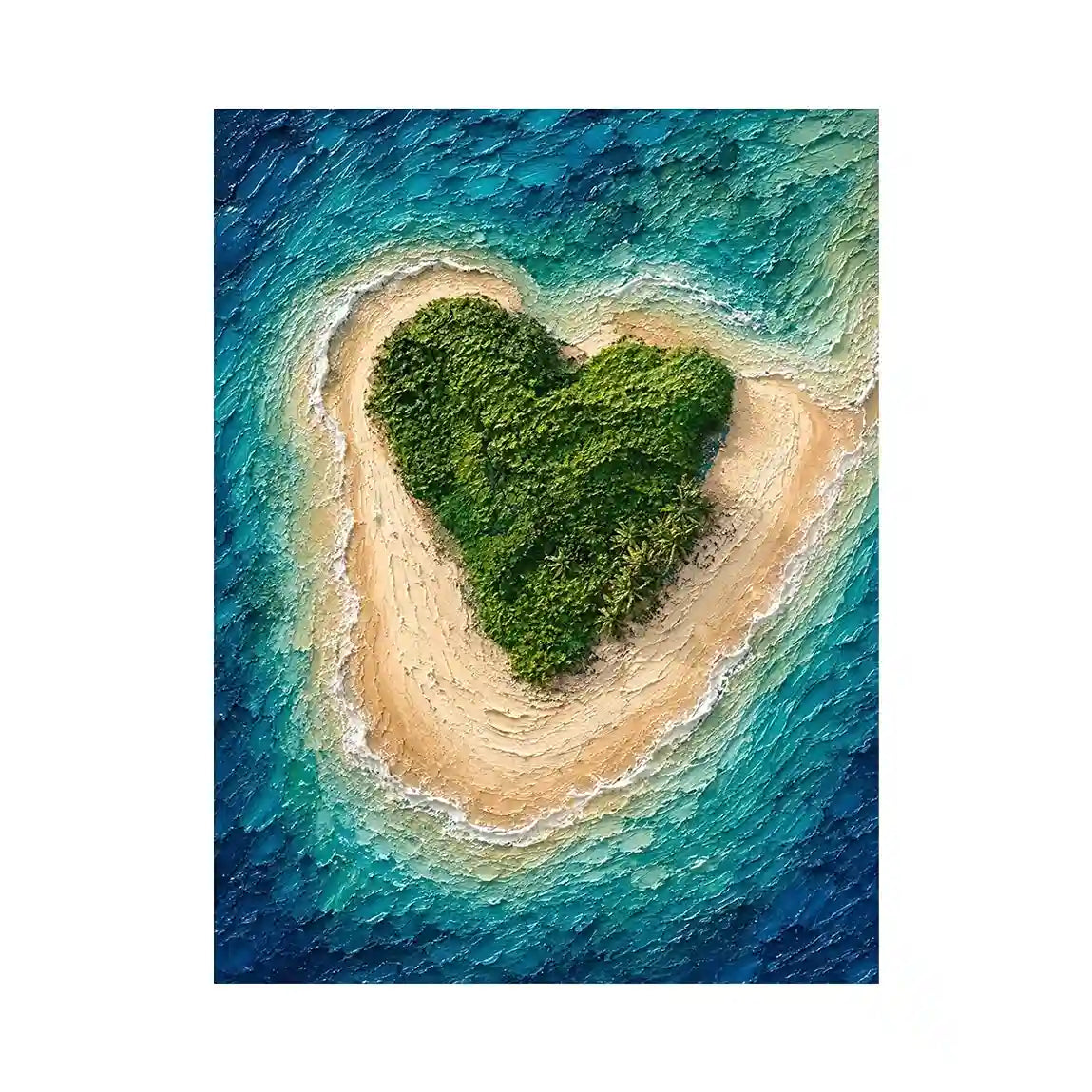 Textured aerial artwork of a lush heart-shaped tropical island surrounded by turquoise ocean waves