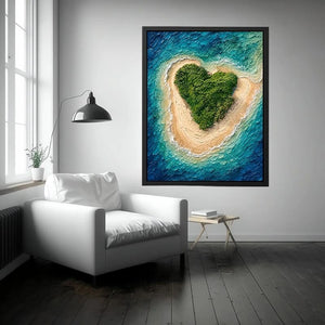 Textured aerial artwork of a lush heart-shaped tropical island surrounded by turquoise ocean waves