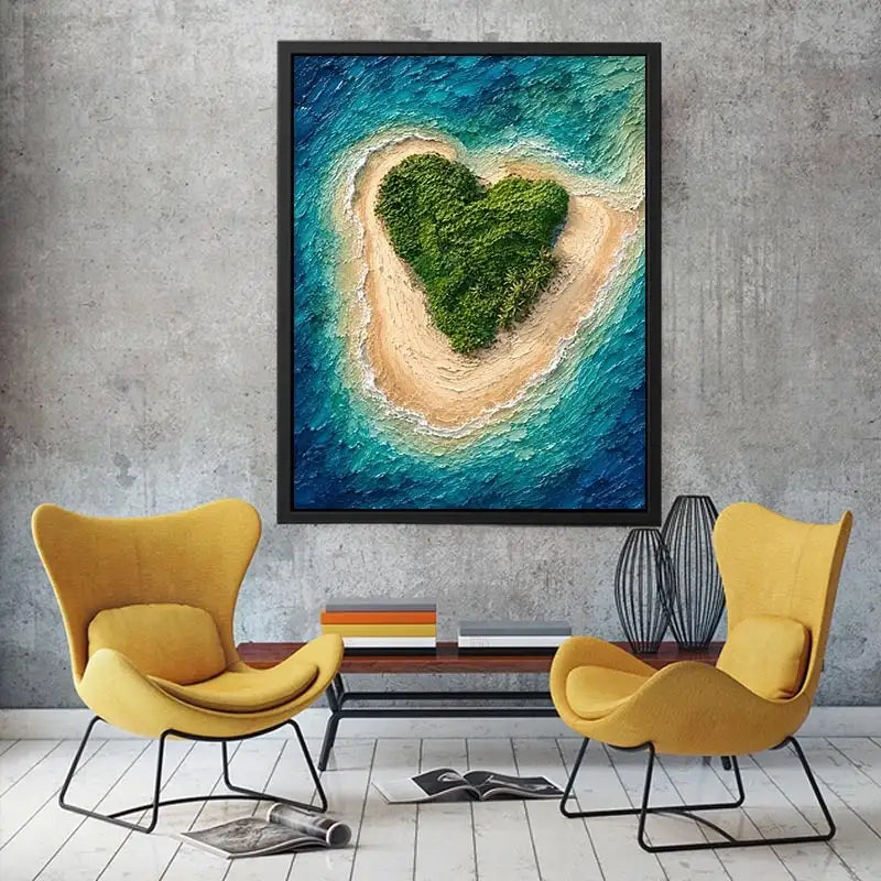 Textured aerial artwork of a lush heart-shaped tropical island surrounded by turquoise ocean waves