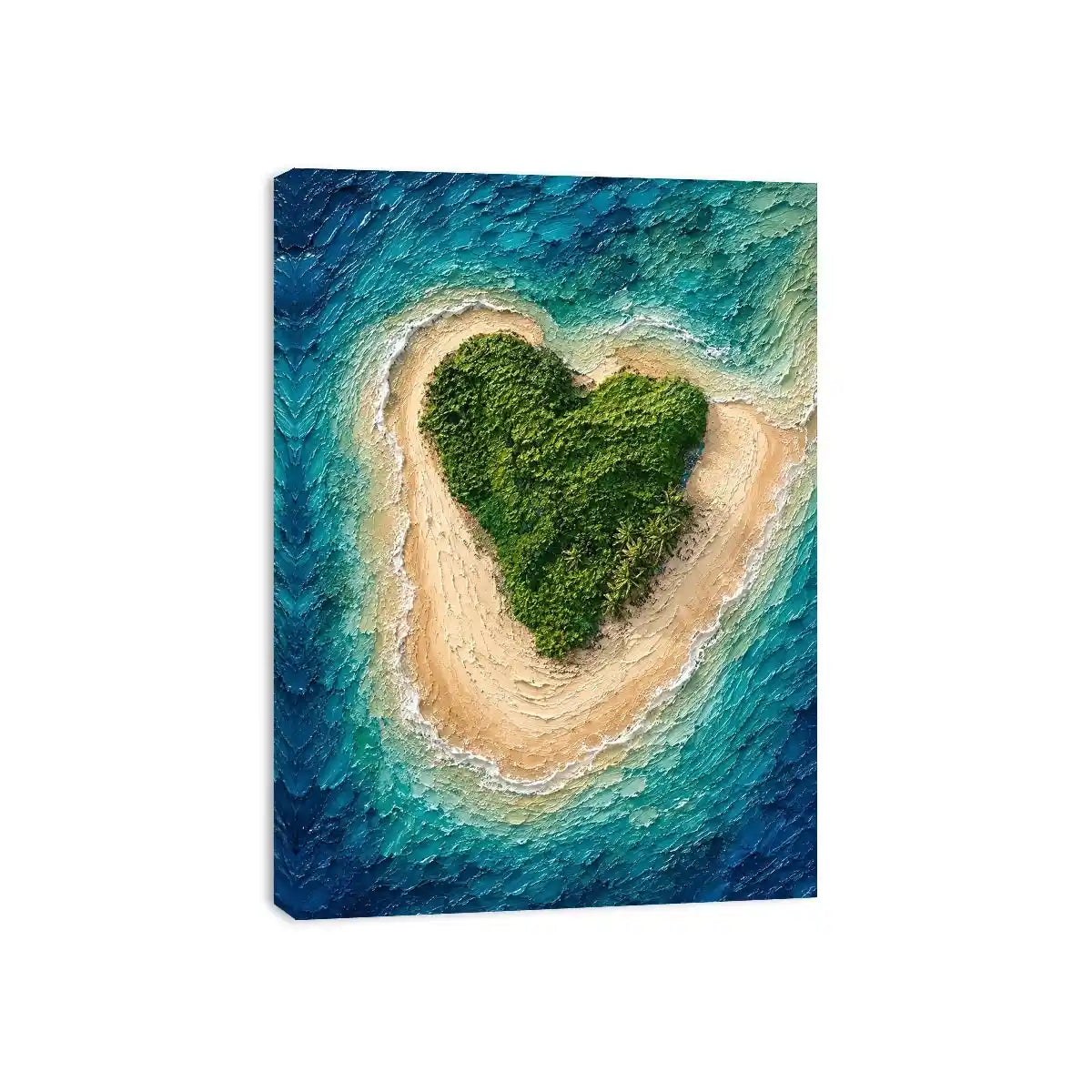 Textured aerial artwork of a lush heart-shaped tropical island surrounded by turquoise ocean waves